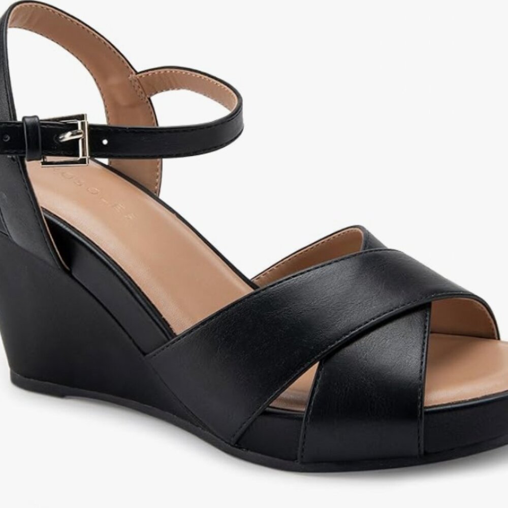 Women's Aerosoles Pastel Wedge PU Sandals in Black Size 8 Wide Pinup
